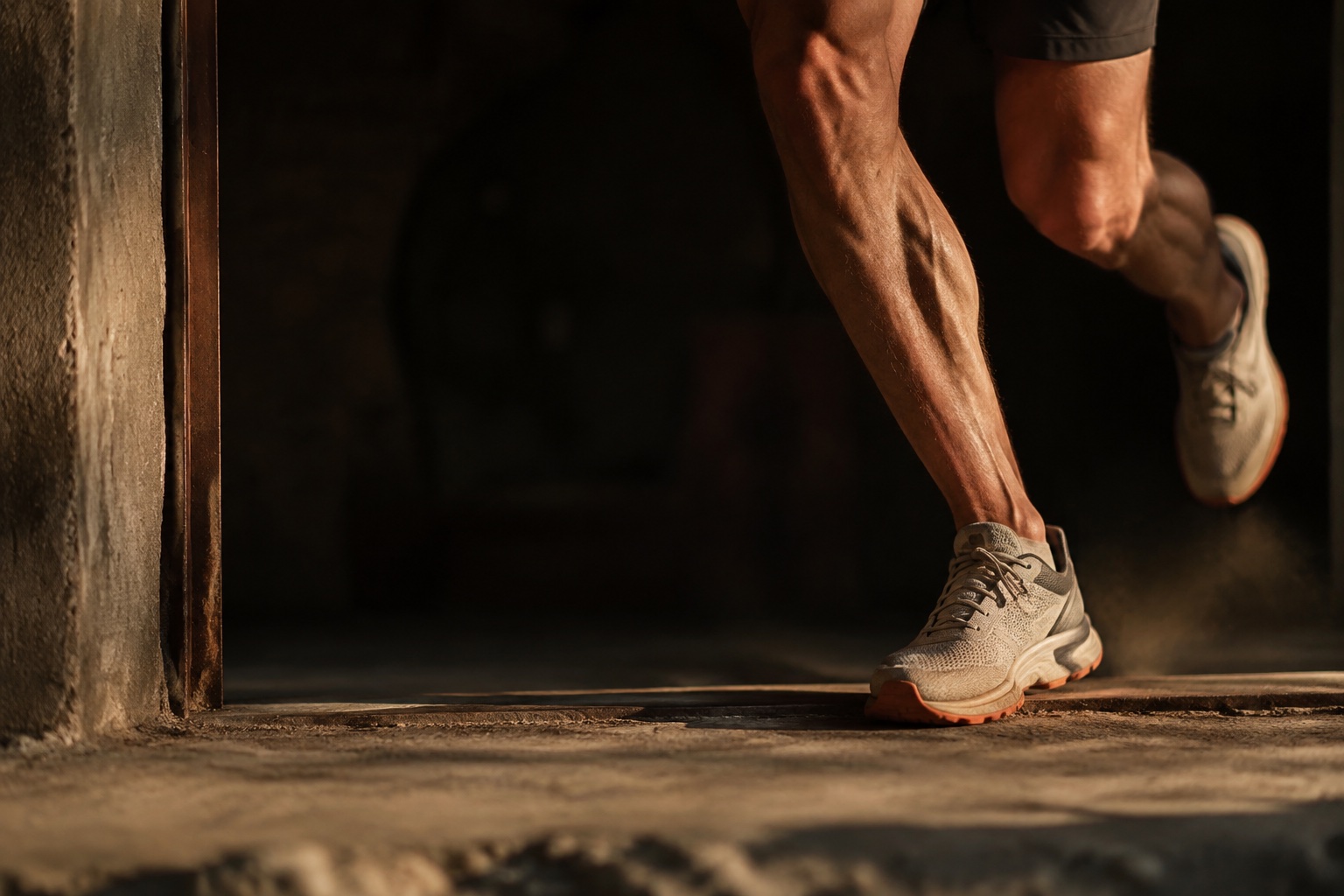 An athlete running through a sunlit gym threshold